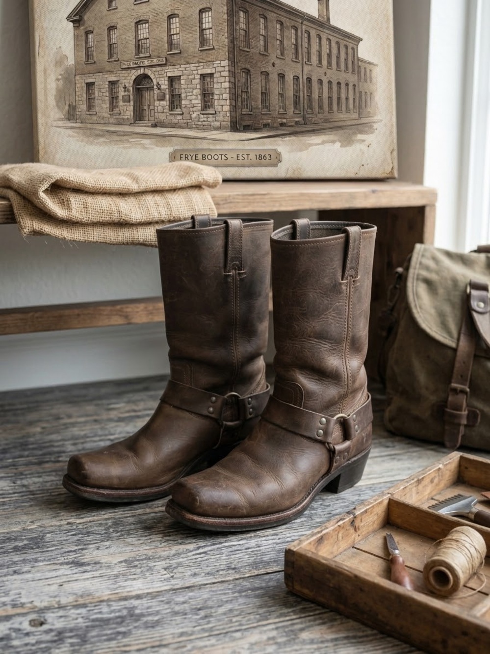 Frye Brown Leather Harness Cowboy Boots